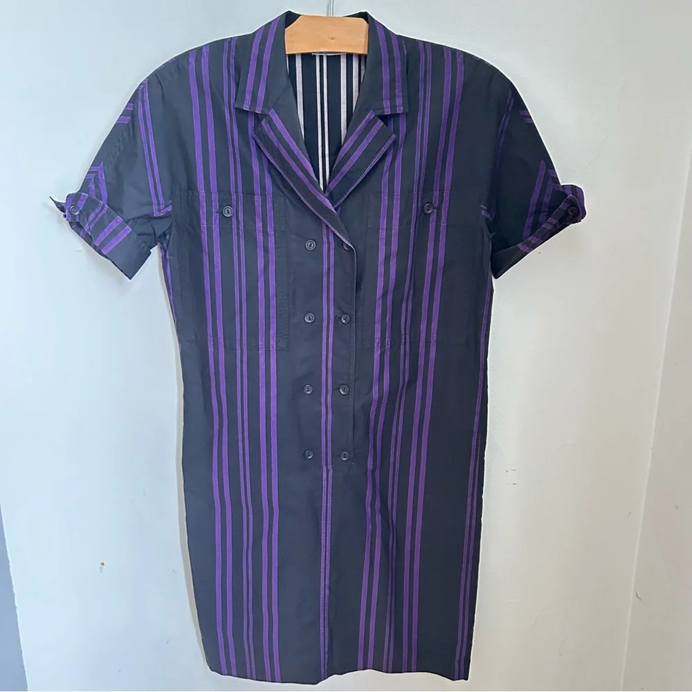Gianni Versace Vintage Shirt Dress Purple Stripe XS Fit Made in Italy - Picture 1 of 10